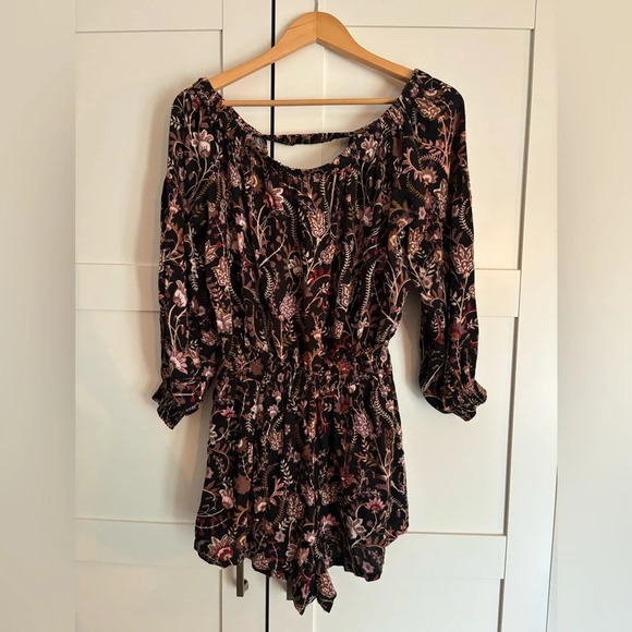 Free People Women's Floral Boho Open Back Long Sleeve Short Romper Medium - Picture 3 of 7